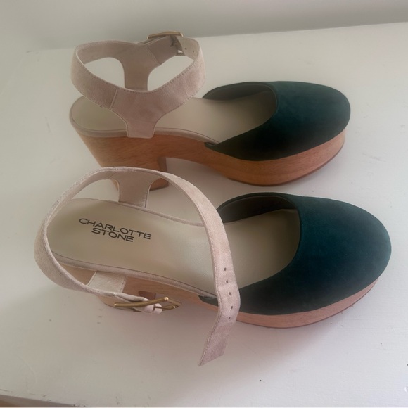 Charlotte Stone Sal Size 10 Suede Green and Tan Platform Heels with Tote Bag - Picture 3 of 8